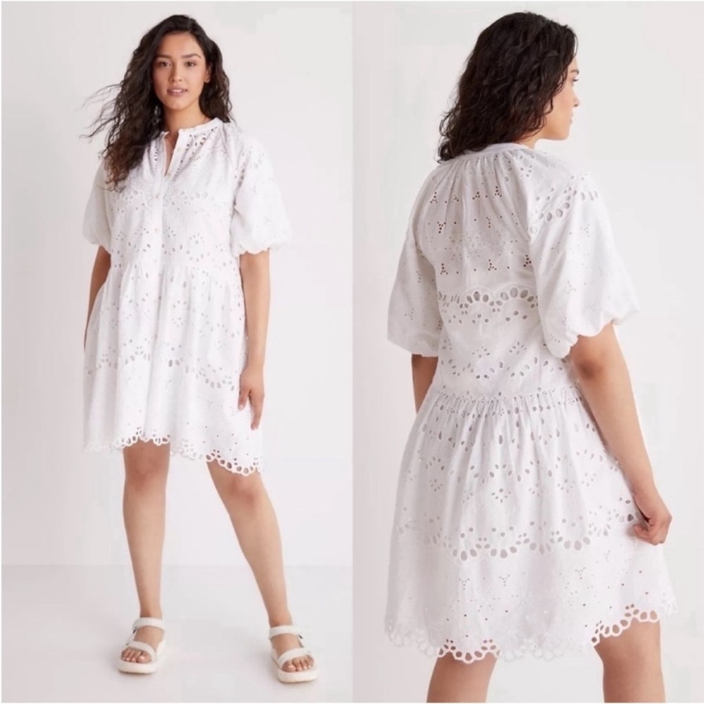Anthropologie Tallulah Puff Sleeve Eyelet Mini Dress in White New Size Large - Picture 2 of 13